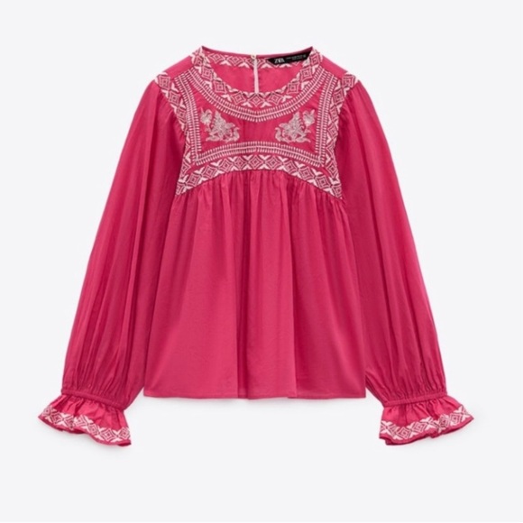 Zara Tops - Zara Fuchsia Pink Blouse Top With White Embroidery Pink Size XS NEW